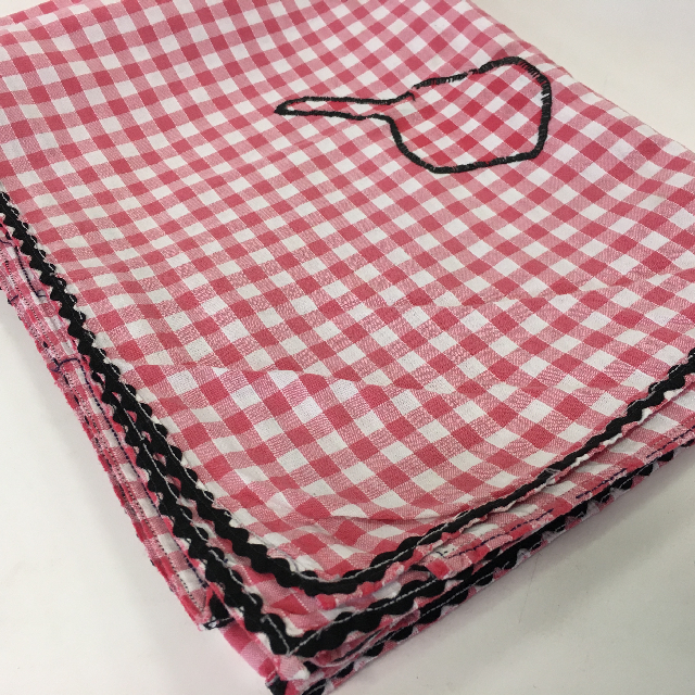 TABLECLOTH, Red & White Gingham w Black Rick Rack & Embroidery
